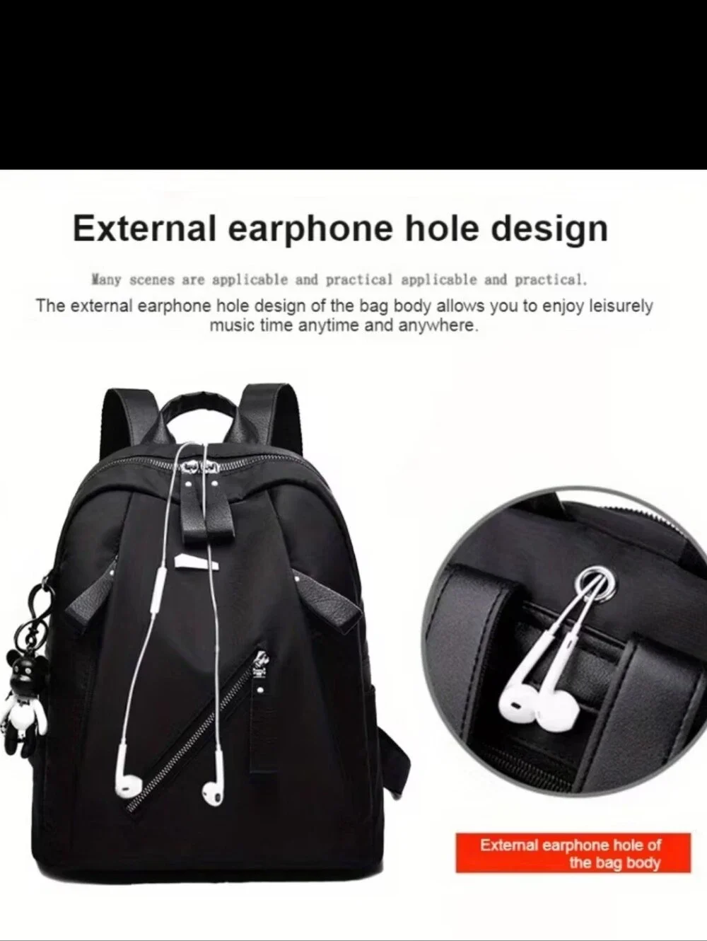 Black Casual Backpack with Front Zip Pocket